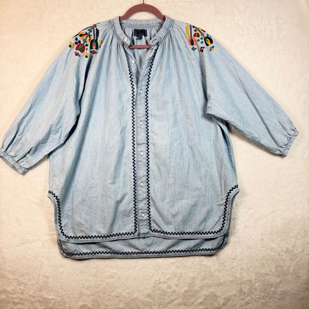 Lucky Brand Peasant Blouse Womens M Blue Embroidered Floral Cotton Hemp Boho